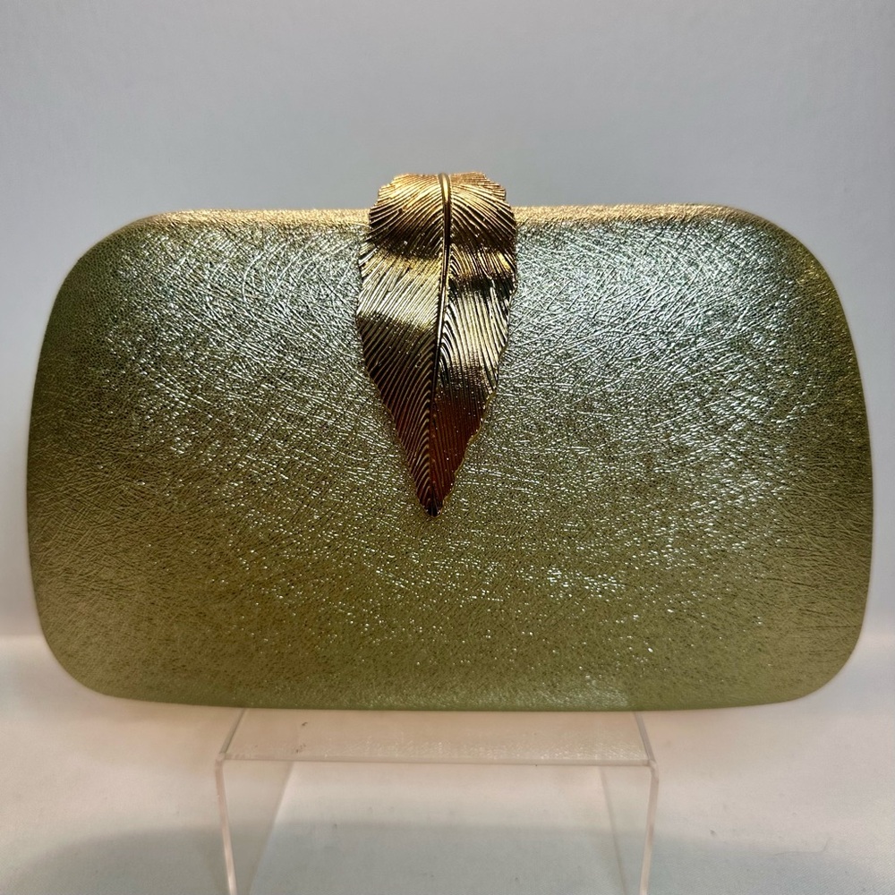 Elegant Evening Gold Clutch Purse-Hard Exterior W Gold tone Leaf- Missing Chain